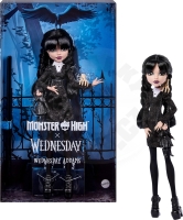 Panenka Monster High x Wednesday Addams v černých šatech