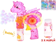 Bublifukovač pistole jednorožec 26cm na setrvačník se světlem + 2 náplně