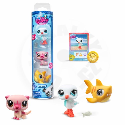 Littlest Pet Shop 3 figurky - bílý ptáček, kočička, žralok